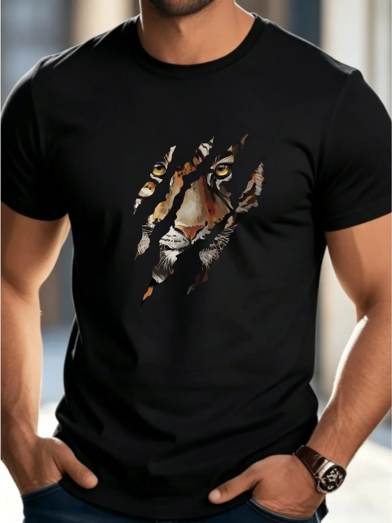 Trend Cool Men Ripped Claw Tiger Face Graphic T‑Shirt Cool Animal Print Crew Neck Short Sleeve Streetwear Tee Tops
