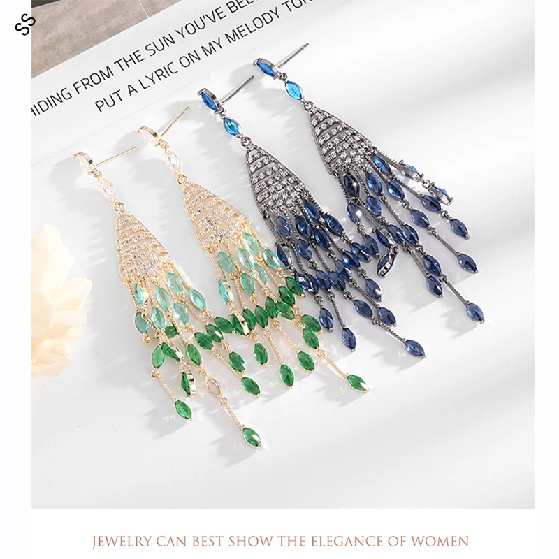 French Jewelry Earrings for Women Evening Dresses Ornament Hand Inlaid Zircon Gems 925 Silver Pins Long Tassel Accessories