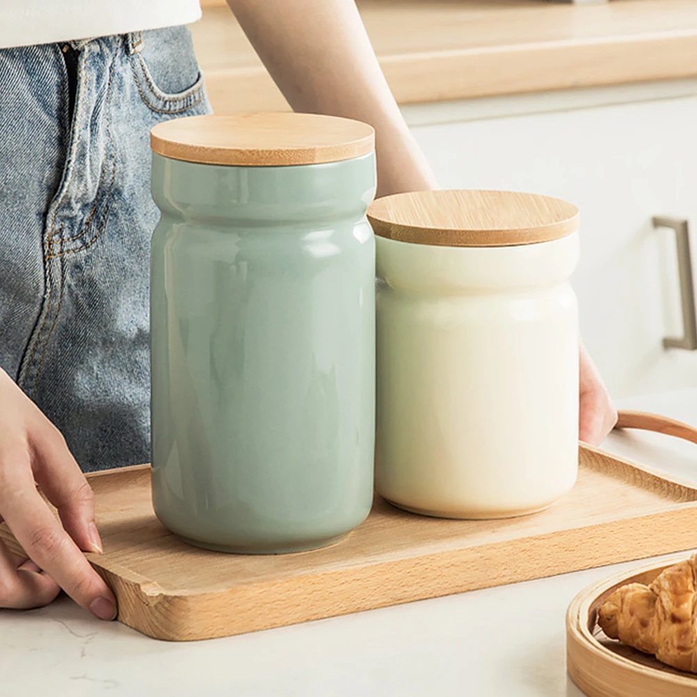 

Tea Container Ceramic Airtight Jar Coffee Decorative Storage Household Light Green Bamboo Pot