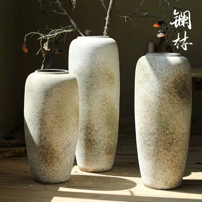 

Floor to floor large vase, retro rough pottery, quiet style ceramic decoration, Mingsu living room flower arrangement,