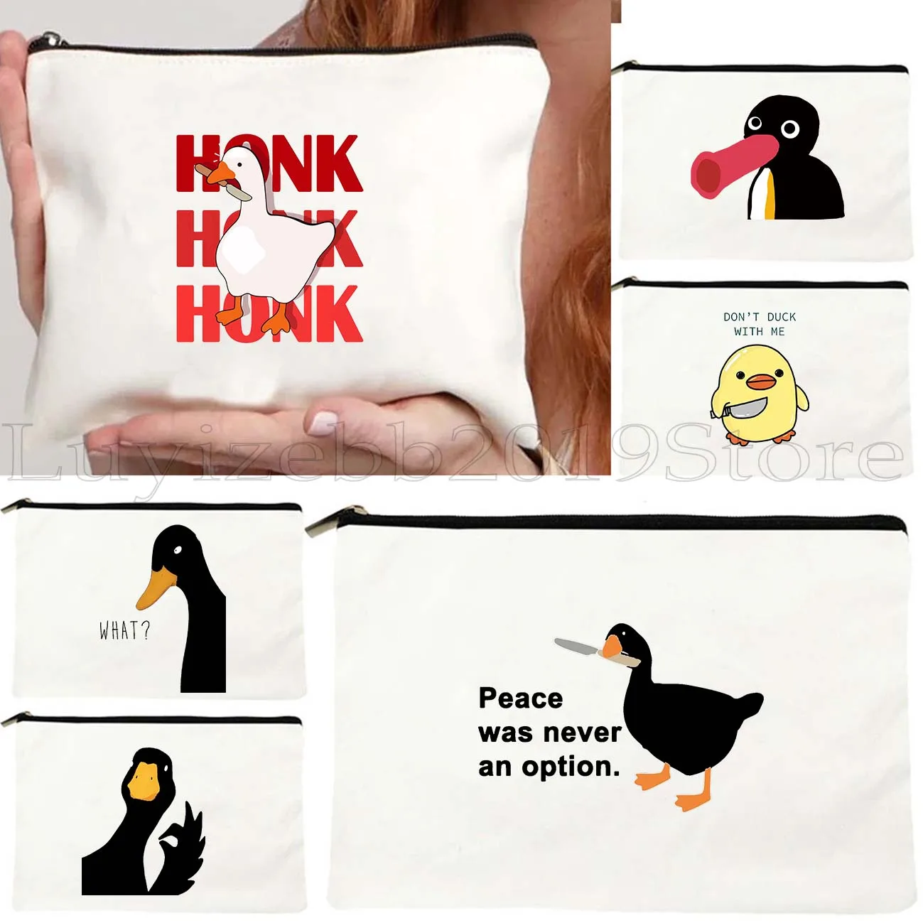 

Funny Honk Untitled Goose Game Meme Judgmental Duck Cute Cartoon Canvas Cosmetic Makeup Toilet Bag Pencil Case Zipper Pouch