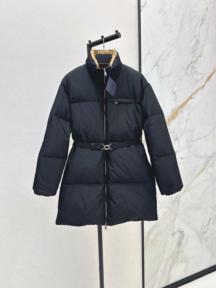 Winter Fashion Outdoors Black Simplicity Versatile Medium Style Down Jacket Women's Stand Collar Long Sleeve Belt Warm Coat