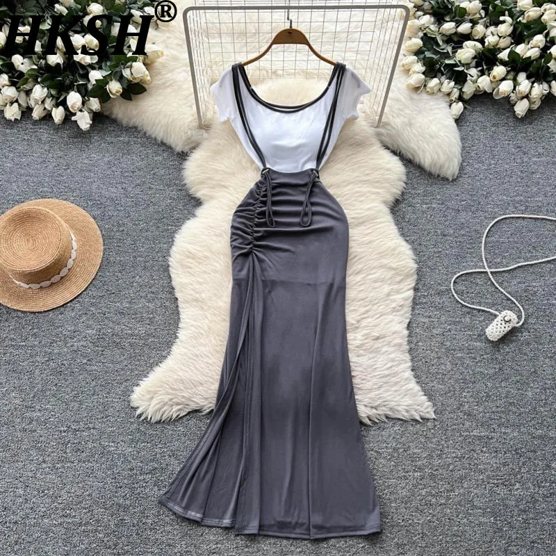 

HKSH Summer New Women's Elegant Sexy Contrast Color Short Crop Tops T-Shirt Chic Strap Split Mermaid Skirts Two-piece Set HK7647
