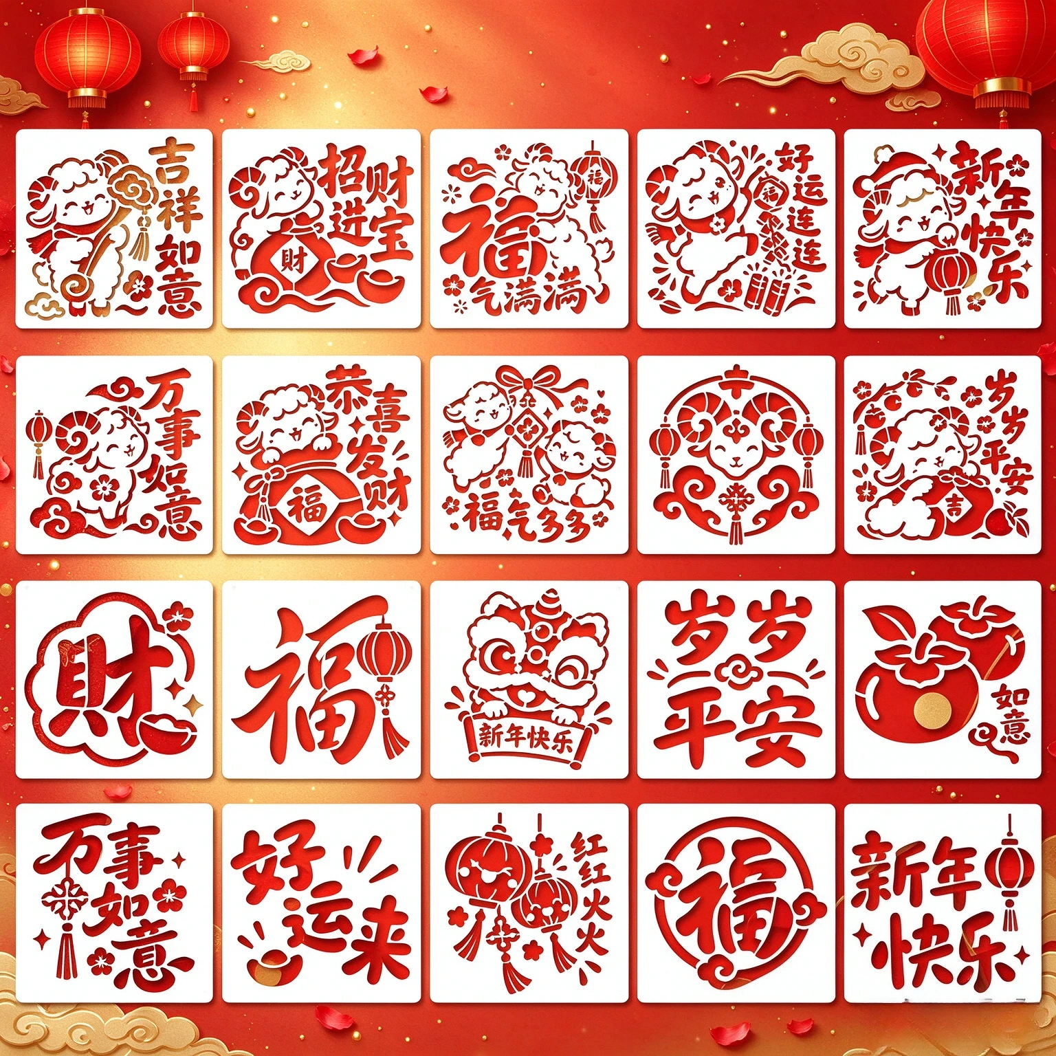 Chinese Zodiac Goat Spring Festival Stencil Set, New Year Blessing Words Templates for Wood, Fabric, Greeting Card Art Craft