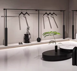 Wall mounted clothes hangers in women's clothing stores and display shelves in clothing stores