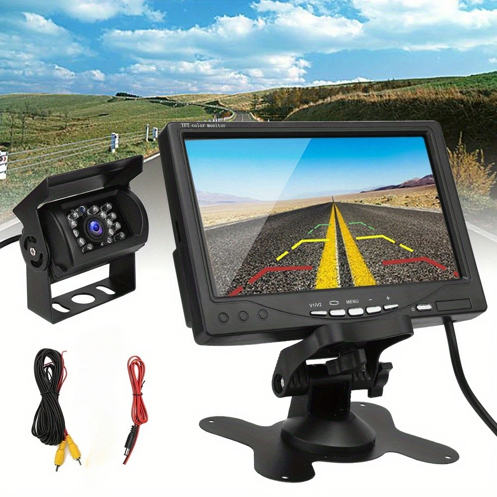 Truck Caravan Rear View HD LCD Monitor System + Reverse Camera, TFT-LCD Screen, Adjustable Mount & Adhesive Strips