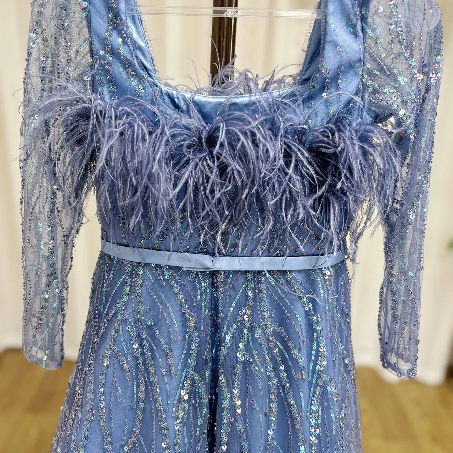 Jill Wish-Robe trapèze de luxe pour filles, plumes et plumes, bleu, robe de Dubaï pour enfants, mariage, anniversaire, communion, fête, reconstitution historique, 2025, J369