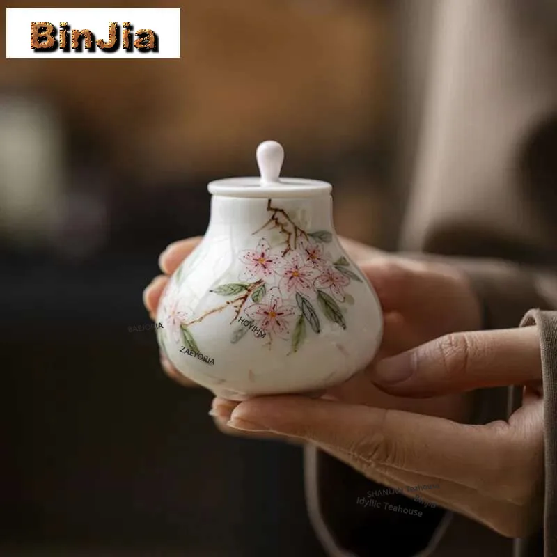 BAEJORIA Hand Drawn Peach Blossom Tea Box Organizer Moisture-proof Antique Storage Tank Containers Tea Caddy Tea Items Craft