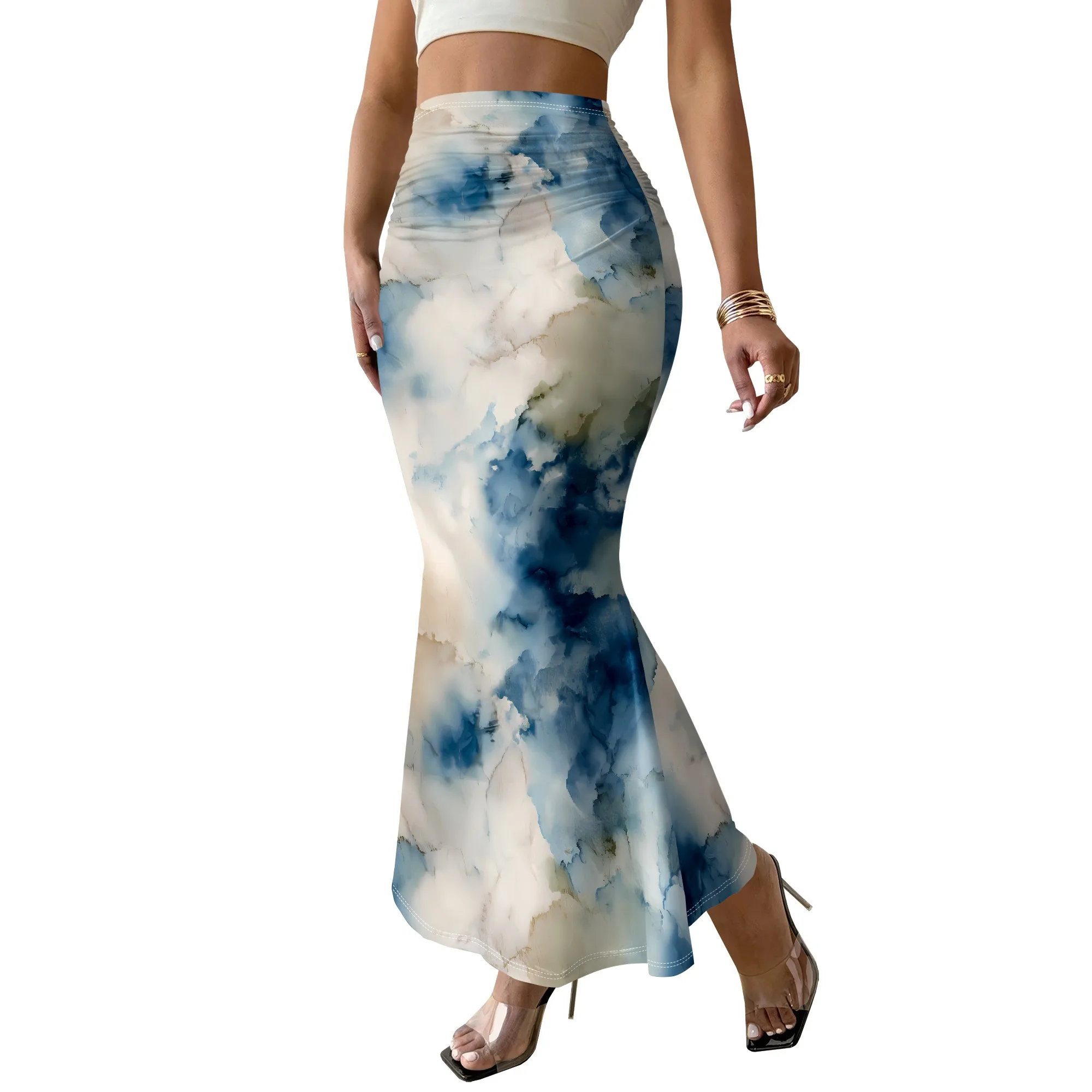 Watercolor Print Midi Skirt, Blue Cloud Pattern A-Line Skirt, Artistic Tie-Dye Style Skirt, Beach Vacation Wear, S-3XL