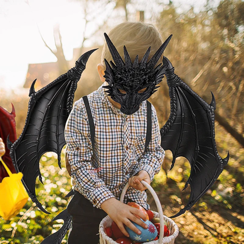 ชุดคอสตูมมังกรเด็กชายเด็กหญิง สีแดงน้ำเงิน ปีกมังกรปีศาจ หางปีศาจ หน้ากากไดโนเสาร์ ชุดคอสตูมสำหรับเด็ก ฮาโลวีน คอสเพลย์ อุปกรณ์ประกอบฉาก