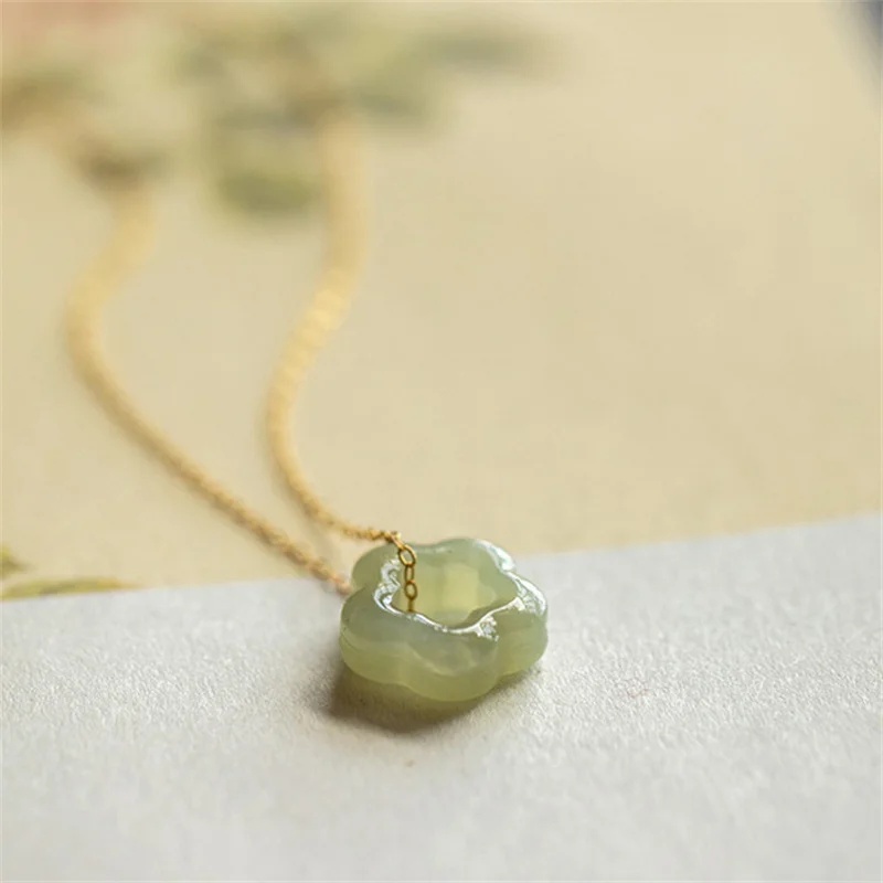 Trendy 925 Sterling Silver Chain Clavicle Necklace Female Jewelry Cute Jade Flower Pendant Women Sweet Necklace Birthday Gift