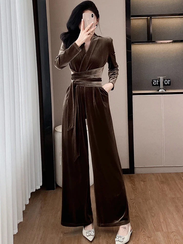 Autumn Elegant Fashion Solid Color Velvet Jumpsuit Women V-Neck Long Sleeve Office OL High Waist Lace Up Slim Wide Leg Rompers