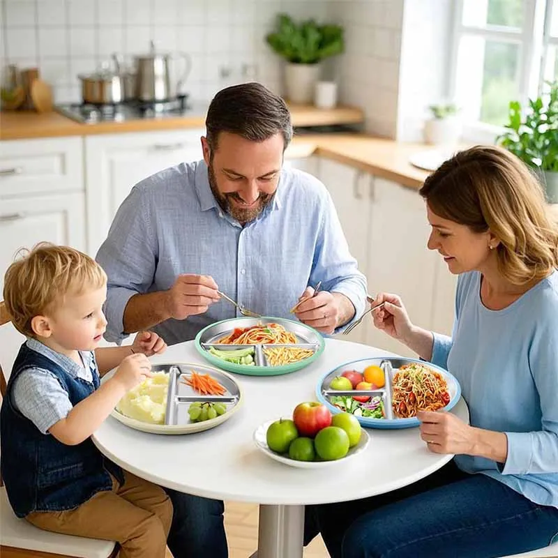 Placa de aço inoxidável com concha de silicone, pratos de alimentação para crianças, ventosa, tigela, pratos infantis, conjuntos de jantar, caixa de presente, 2 peças