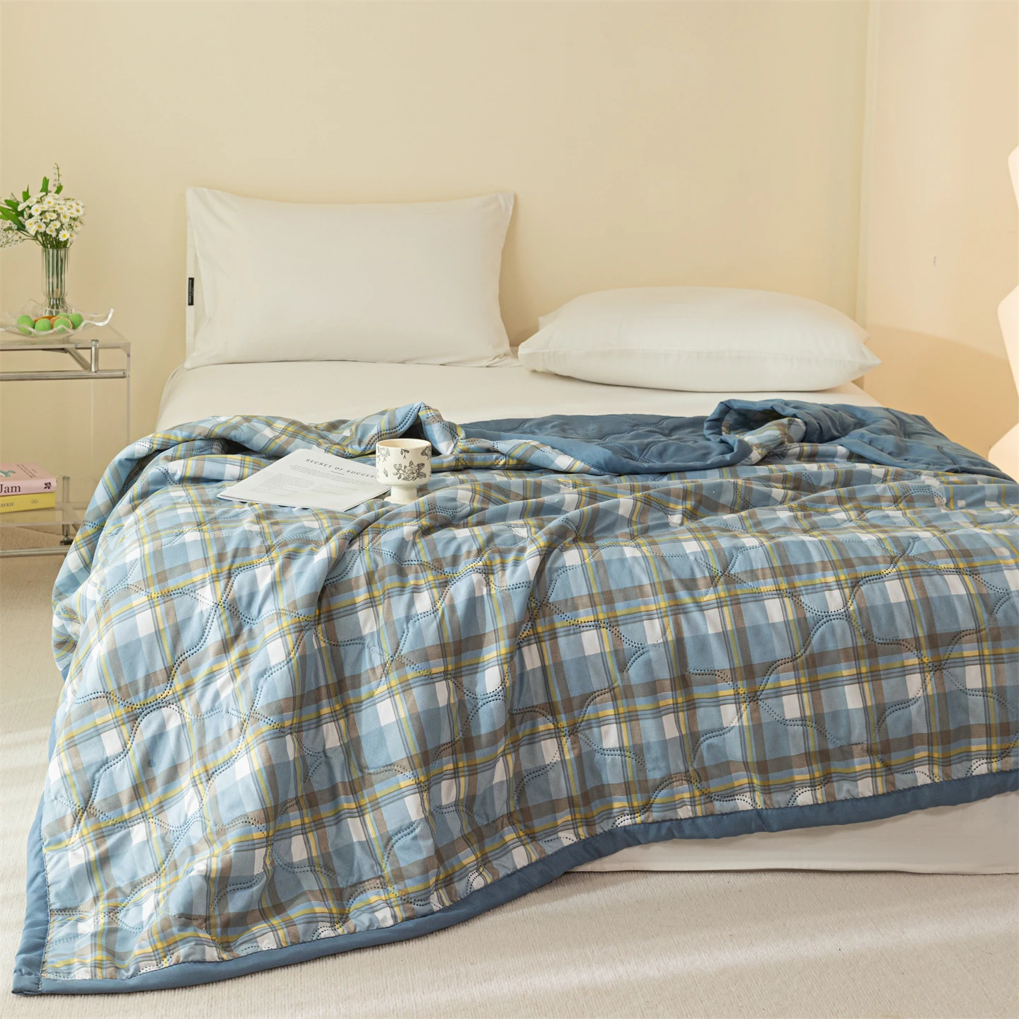 New Fashion Washed Fabric Plaid Print Summer Quilt Cooling Lightweight Quilted Comforter Machine Washable All Sizes