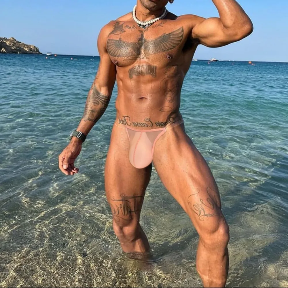 Прозрачные мужские трусы с U-образной сумкой, бикини, нижнее белье, сексуальное мужское мягкое нижнее белье с низкой талией, дышащие быстросохнущие мужские треугольные трусы