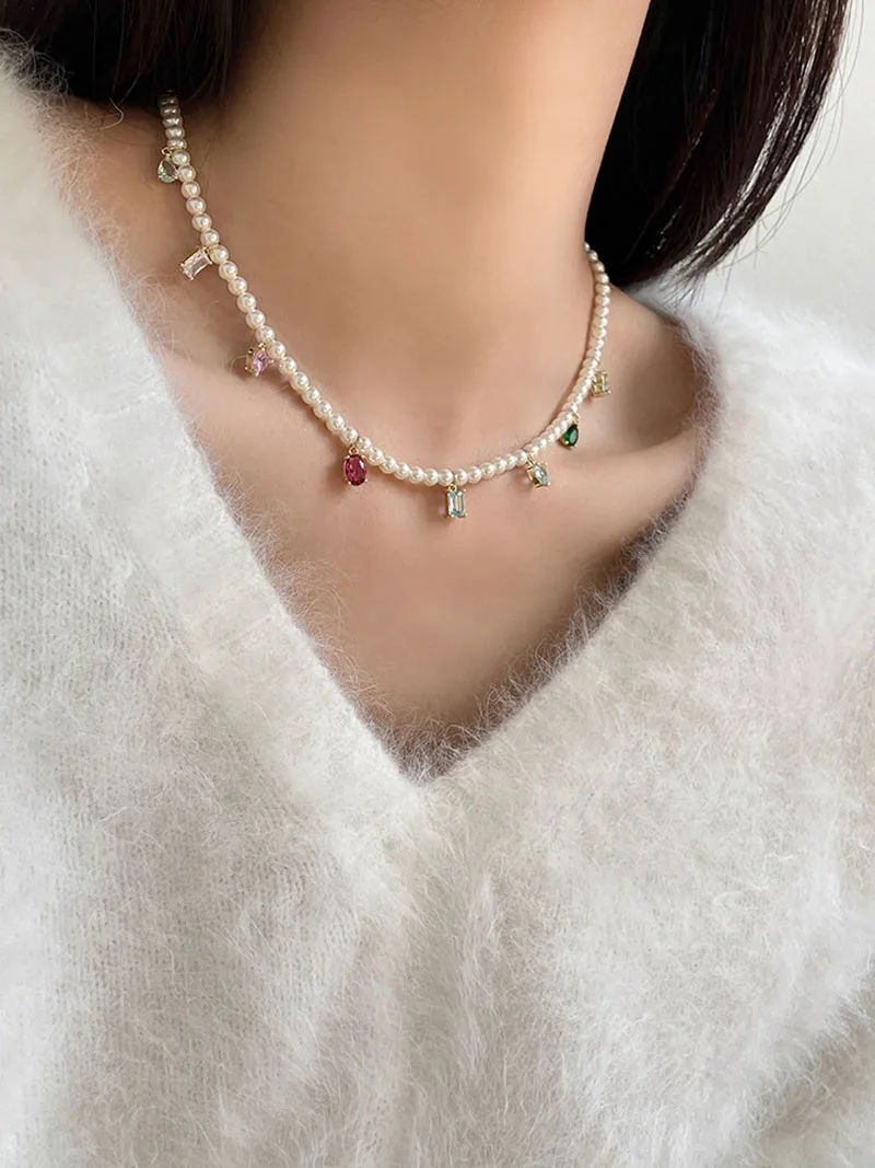 2024 Fashion Versatile Colored Zircon Pearl Dopamine Summer Women's Necklace Gathering Jewelry Accessories