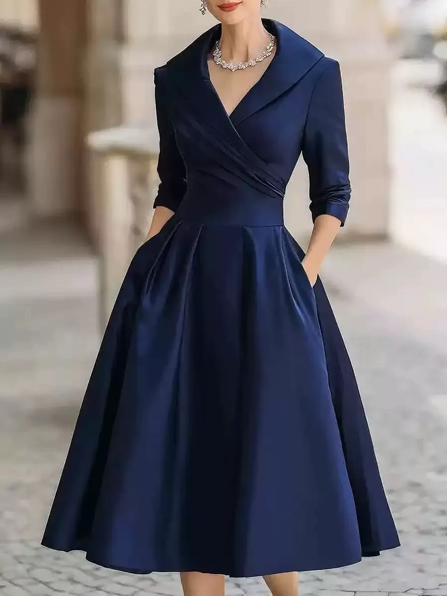 Abito in raso con scollo a V da donna autunnale Abito dimagrante a vita alta da donna a maniche lunghe di nuova moda per abito elegante solido da sera per feste