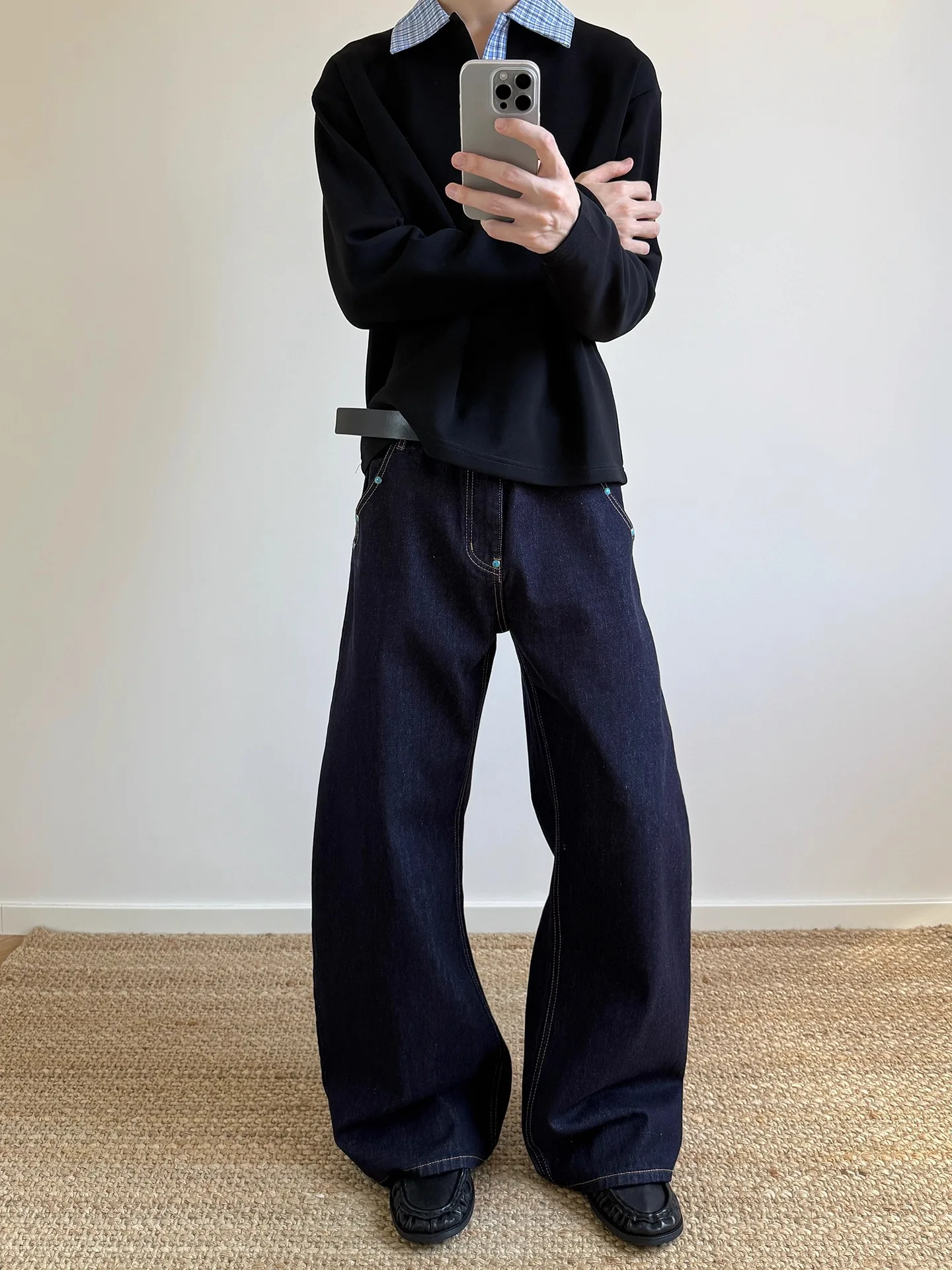 

American Retro Cleanfit Jeans Rivet Design Casual Straight Leg Micro Flared Original Color Denim Jeans for Teenagers