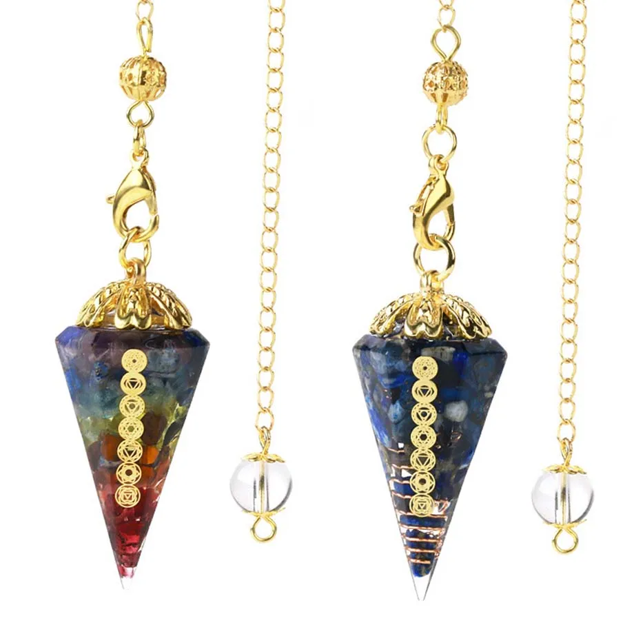 Crystal Chip Stone Pendulums For Dowsing Divination Natural Healing 7 Chakra Symbol Orgonite Pendulum Hexagonal Resin Pendants