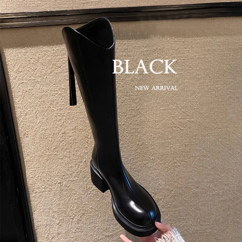 

Black V-mouth Women's Long Boots Round Head 7CM Square Heel Heightening Knee-High Boots Fashion Sewing Rear Zipper Women Shoes