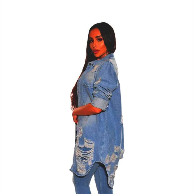 Fashion Sexy Ripped Hole Stretchy Bodycon Denim Jacket Women Turn Down Collar Long Sleeve Vintage Jeans Jackets Coats Streetwear