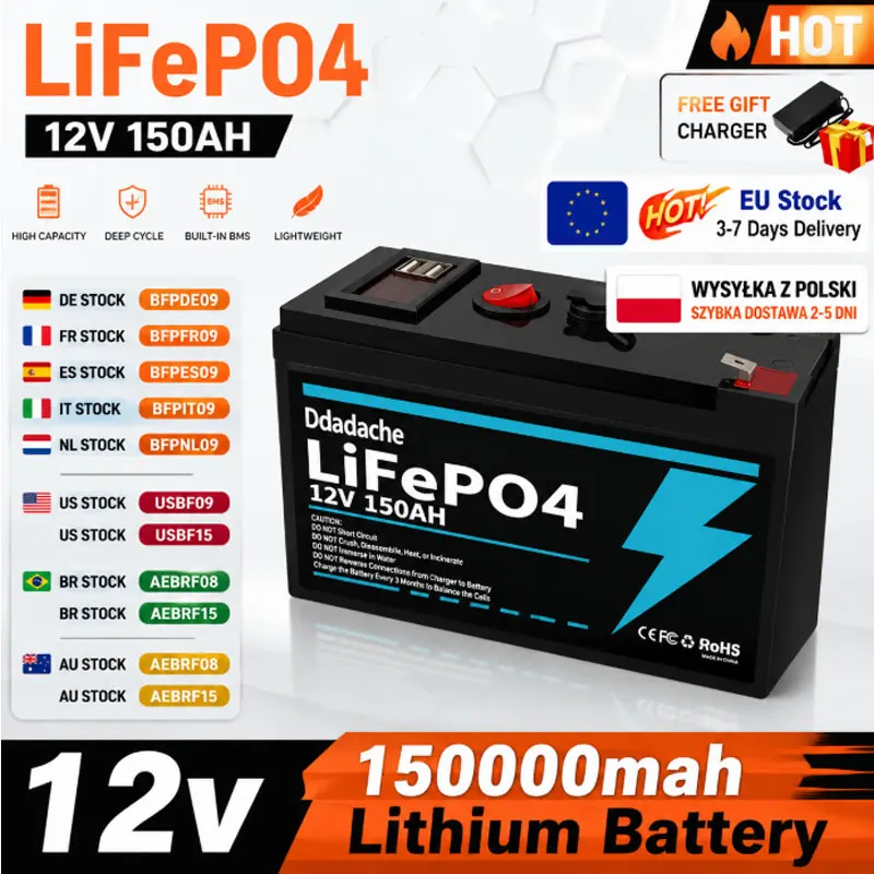 EU-Lager Schneller Lokaler Versand 12V 150Ah LiFePO4 Lithium-Batterie mit USB-Anschluss Eingebautes BMS Deep-Cycle-Solarbatterie für Solarladung Fischfinder Marineboot Outdoor-Camping Netzunabhängige