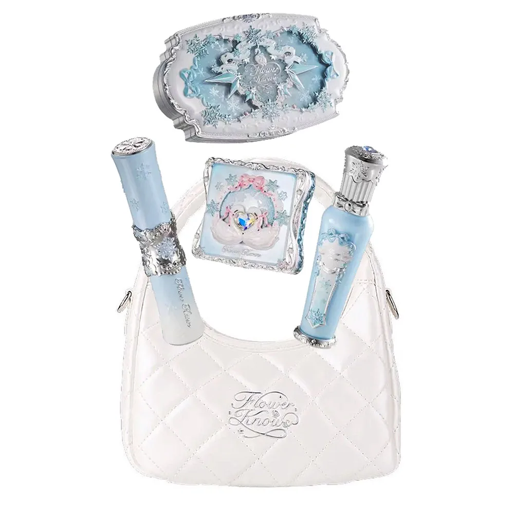 Flower Knows Snow Ballet 4-Piece Christmas Gift Set Eyeshadow,Blush,Lip Glaze Setting Powder with Cosmetic Bag Beauty Collection