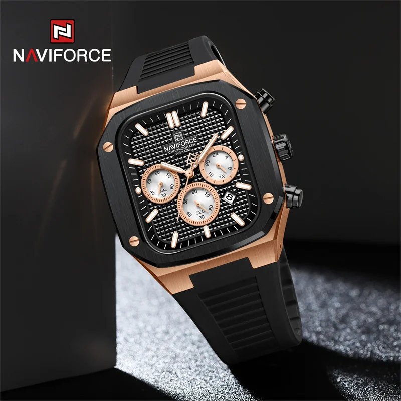 NAVIFORCE Men Quartz Watch Waterproof Square Dial Silicone Strap Wristwatches Chronograph Luminous Auto Date Clock Reloj Hombre