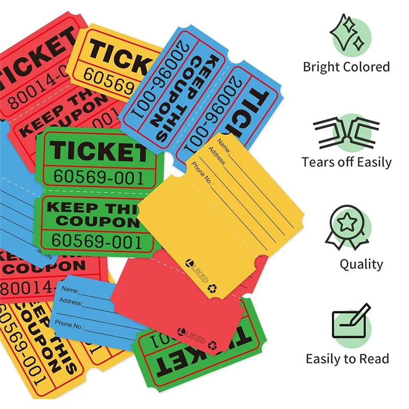 

AT05-4000 Двойные рулонные лотерейные билеты, 4 разных цветов, 1000 билетов в рулоне для искажений средств и вечеринок