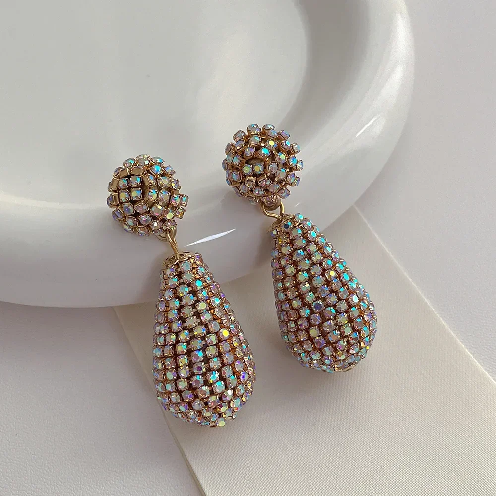 Minar INS Hot AB Color Full Rhinestones Water Drop Dangle Earrings for Women Gold Plated Alloy Long Hanging Earring Oorbellen