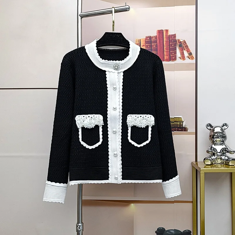 ZJYT 2024 Fashion Autumn Winter Cardigan Coat Knitted Sweaters Long Sleeve Pearls White Black Color Block Knitwears Female Tops