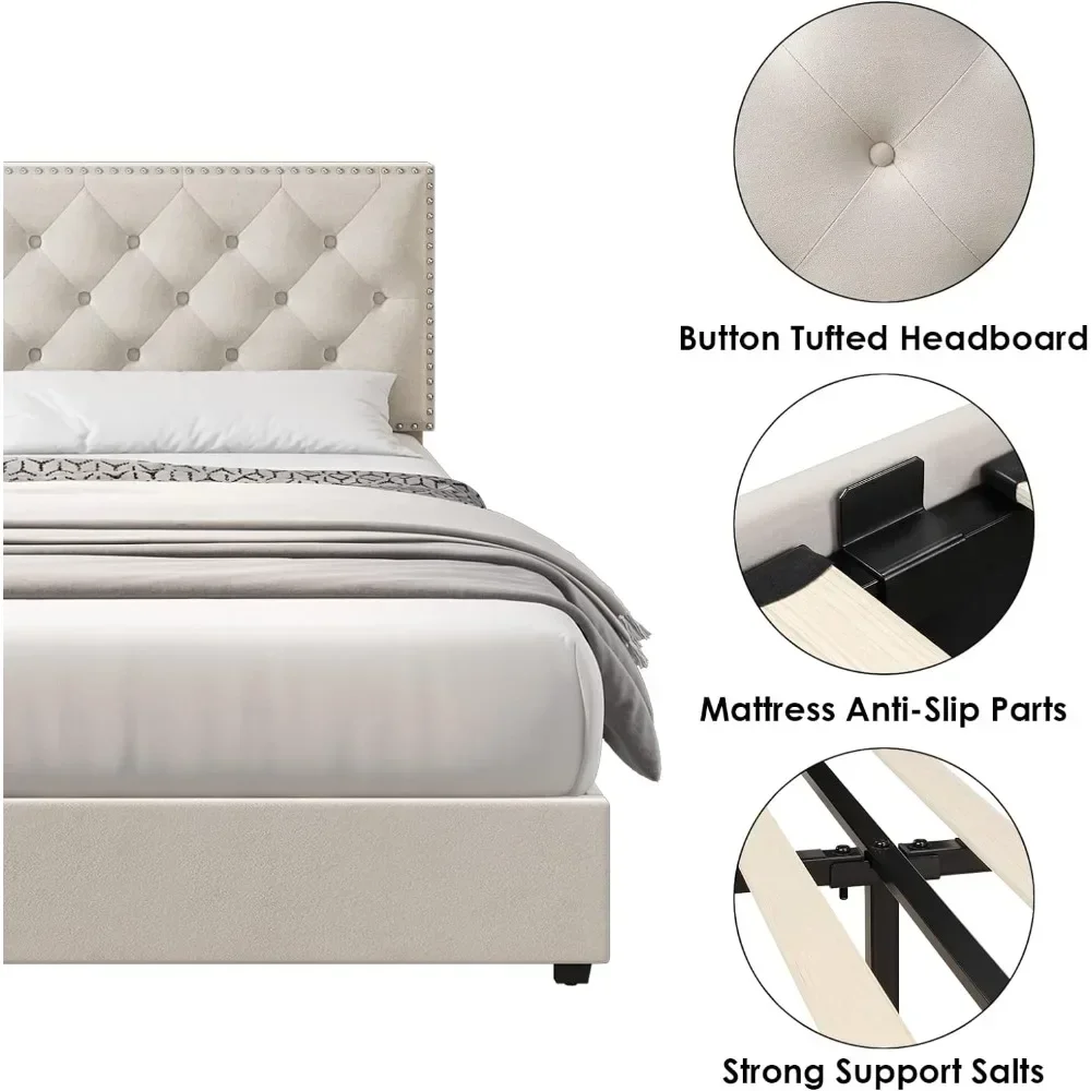 King Size Bed Frame with 4 Storage Drawers, Modern Upholstered Platform Bed with Wood Slat Support,No Box Spring Needed(Beige) image 2