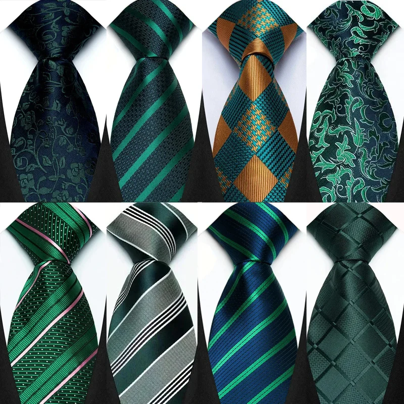 Luxury 8CM Mens Necktie Green Color Stripes Floral Solid Ties For Man Groom Jacquard Woven Neck Tie For Business Wedding Party