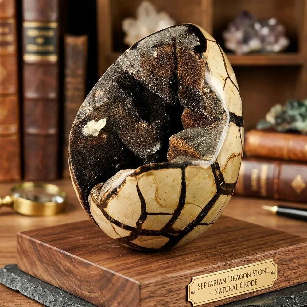Natural Black Septarian Geode Crystal Egg - Mixed Minerals Quartz Stone for Meditation, Reiki, Altar Decor & Spiritual