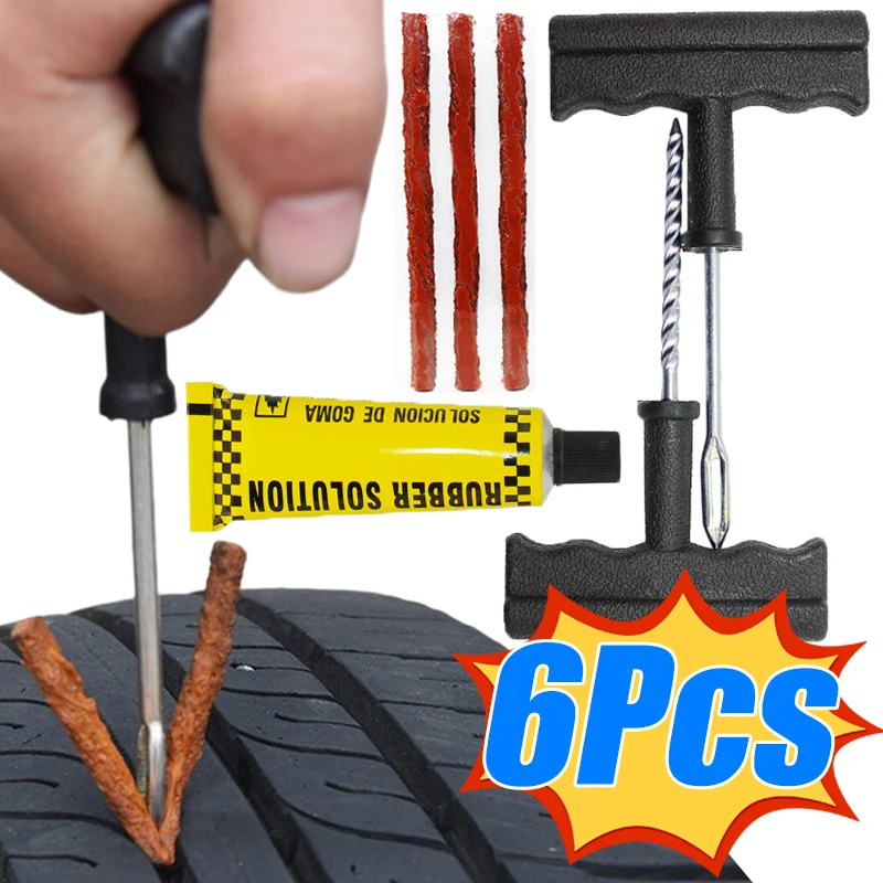 

6Pcs Car Tire Repair Tool Tubeless Tyre Puncture Plug Repair Kit Car Studding Rasp Patch Fix Tools Auto Tire Repair Accessories