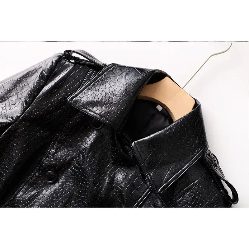Elegant 2026 New Style PU Leather Long Coat Double Row Button Belted Waist in Punk Style Women's Long Sleeve Windbreaker Jacket
