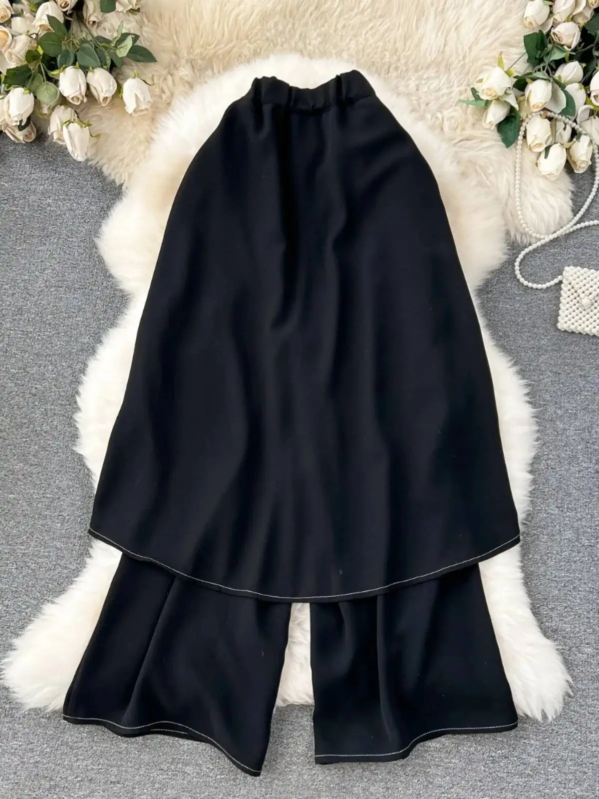 Pantaloni da donna finti in due pezzi Primavera Autunno Pantaloni larghi neri a vita alta larghi Pantaloni casual streetwear vintage femminili