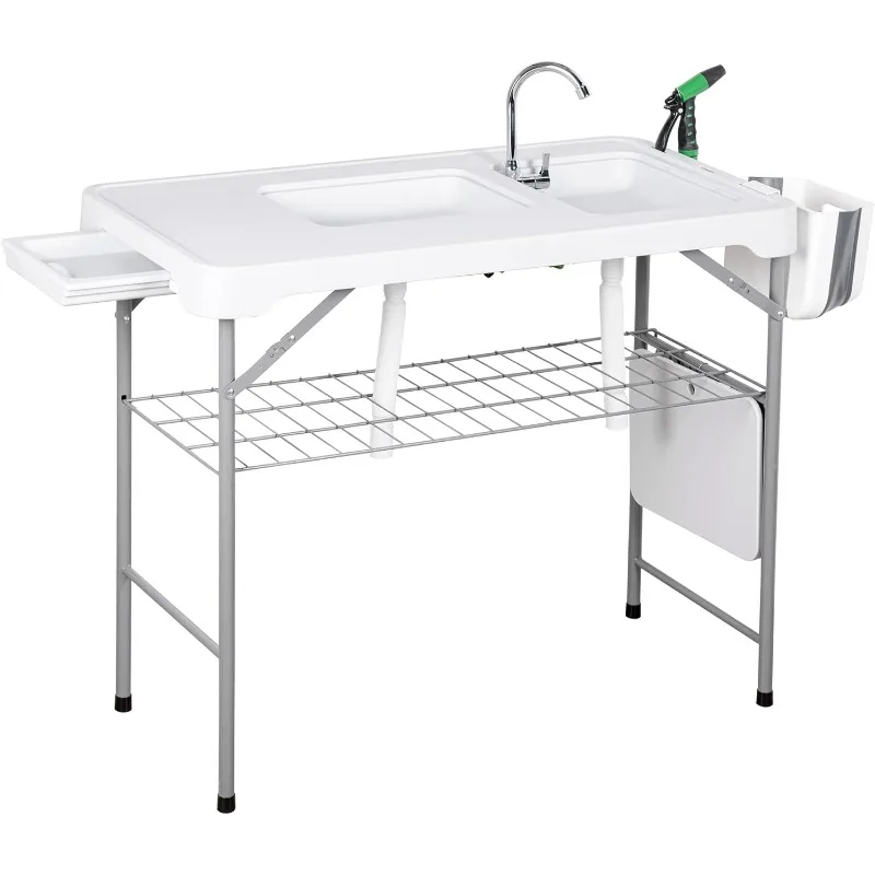 

Fish Cleaning Table with 2 Sinks & Grid Rack, 42.5'' Portable Folding Camping Fish Station with Foldable Faucet