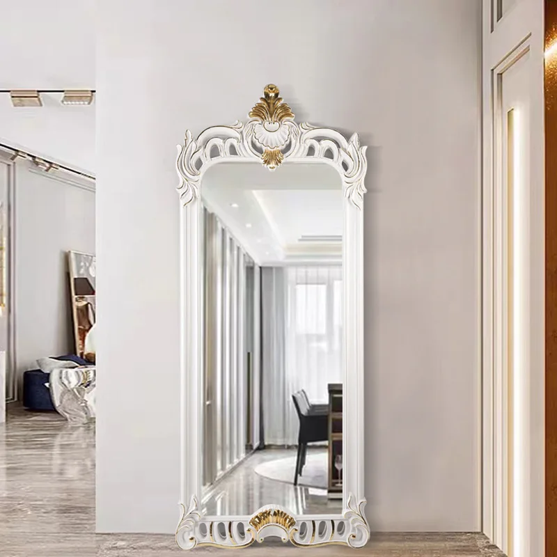 European-style hollow carved belt support foot floor mirror clothing store full-body dressing mirror living room wall decoration
