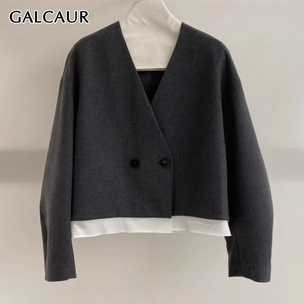 

GALCAUR Solid Spliced Button Chic Jacket Female V Neck Long Sleeve Loose Korean Commute Women's Jackets Autumn Style Fashion New