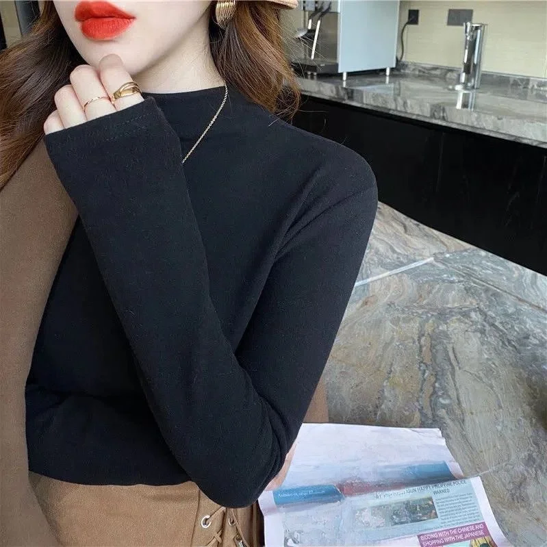 Warmth And Style: Winter-ready Long Sleeve Thermal T-shirt Women's Fashionable Base Layer Top High Neck Korean Style Commute ...