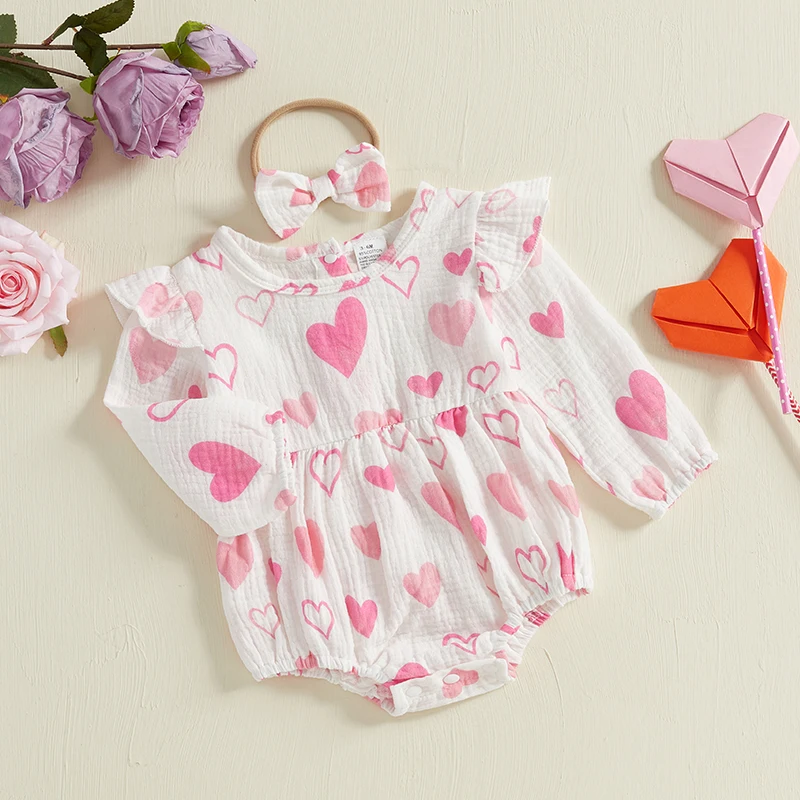 Baby Girl Valentine s Day Romper Heart Print Ruffled Long Sleeve Jumpsuit Bow Headband Adorable Outfits