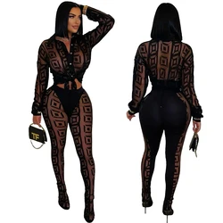 Sexy Mesh See Through Women 2 Piece Outfit Sets 2025 New Female Streetwear Clothing Long Sleeve Crop Top and Skiny Pants Suits
