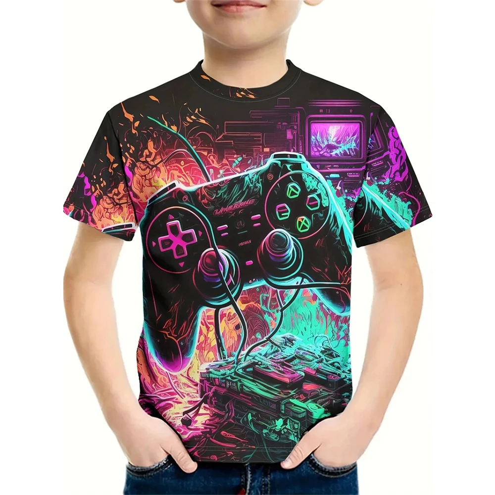 Kids Gamepad Graphic T Shirt For Men 3D Print Game Controller T-shirt Cool Boy\'s T-shirt Casaul Crew Neck Short Sleeve Tee Shirt