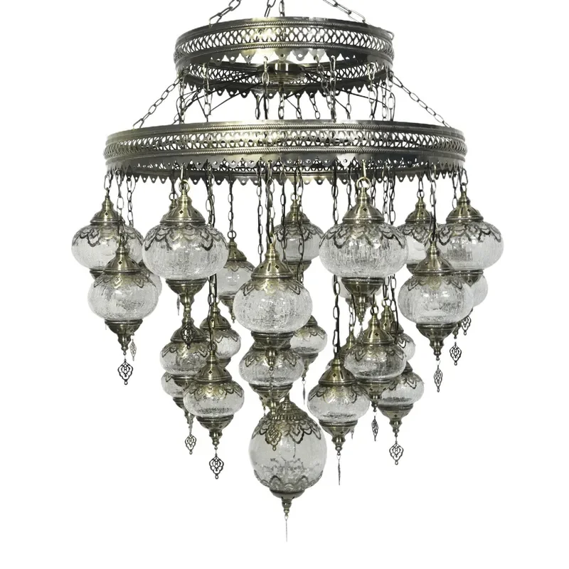 Vintage Euro American Crackle Glass Chandelier 27 Light Adjustable Pendant for Hotel Restaurant Exhibition Hall Holiday Decor