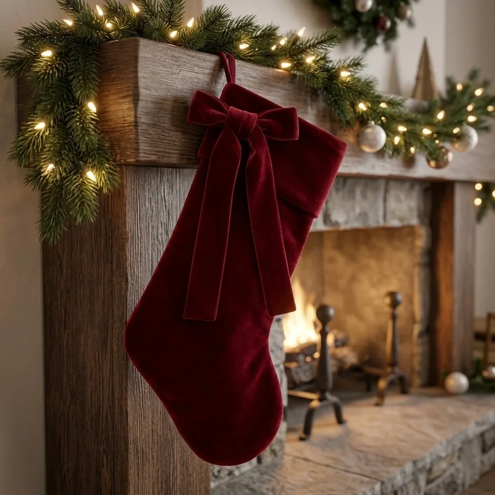 1Pcs Elegant Xmas Stocking With Oversized Bow Decorative Pouch For Christmas Tree Entryway Wall Indoor Family Party Decoration