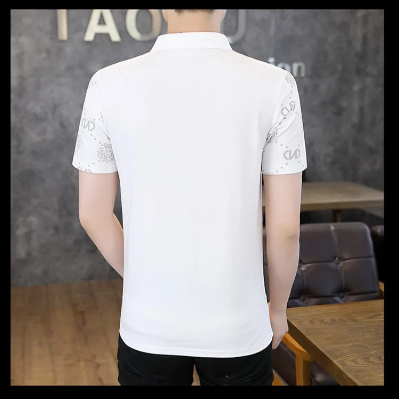 Men's Clothing Turn-down Collar Button Short Sleeve Summer Pullover Letter Geometric Graphic T-shirt Boyfriend Business Tops