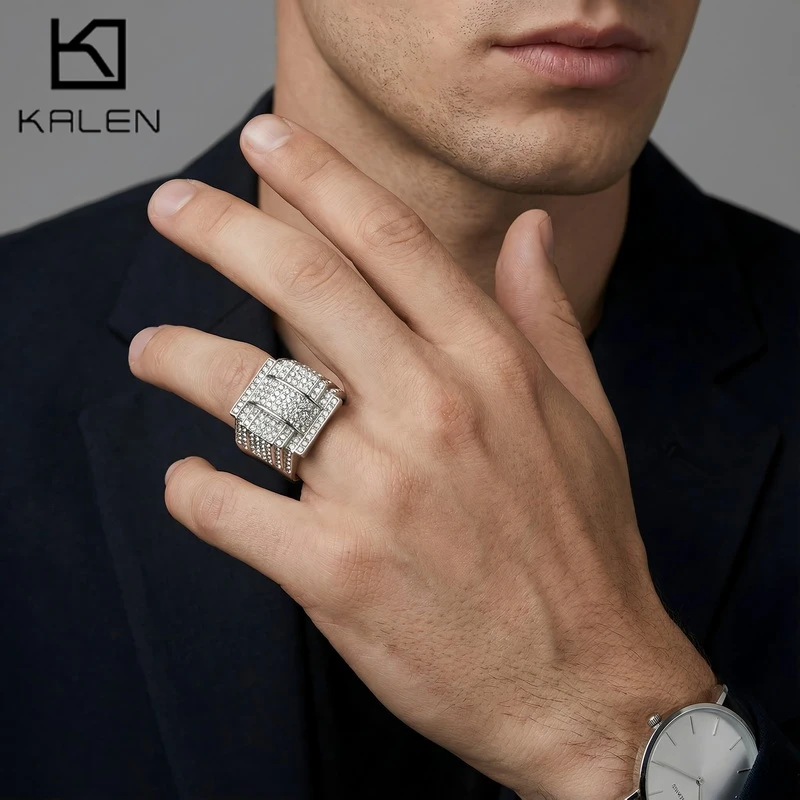 KALEN Breiter Herrenring aus Edelstahl, luxuriöser Zirkonia, quadratischer Zuckerwürfel-Fingerring, luxuriöser Schmuck, anspruchsvolles Charm-Zubehör