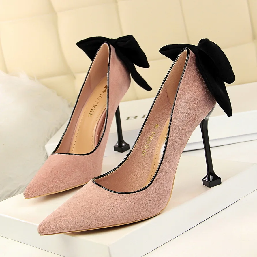 

Women Pumps Shoe Korean Edition Sexy Slim Women's Shoes Thin High Heel Suede Shallow Mouth Pointed Bow Tie туфли женские Heels