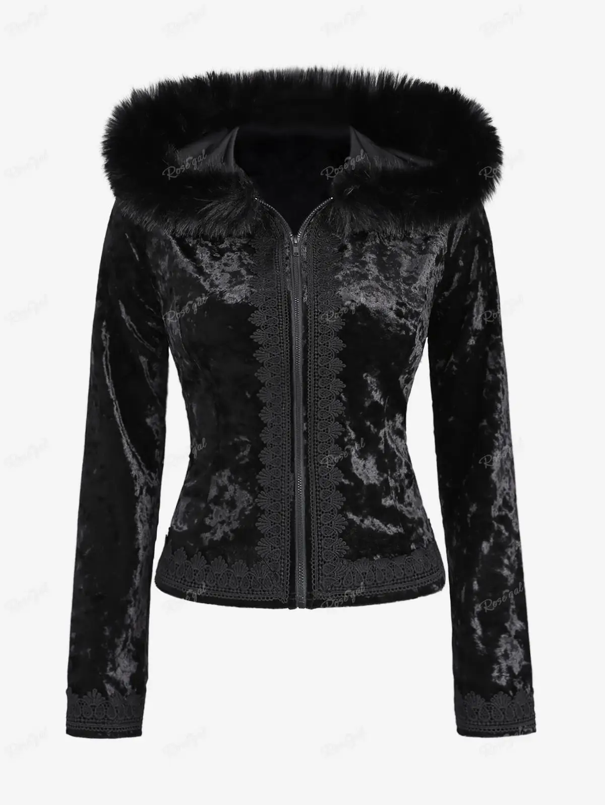 ROSEGAL Plus Size Gothic Fur Coats Black Full Zipper Applique Panel Fur Trim Fluffy Collar Long Sleeves Velvet Coat Outwears